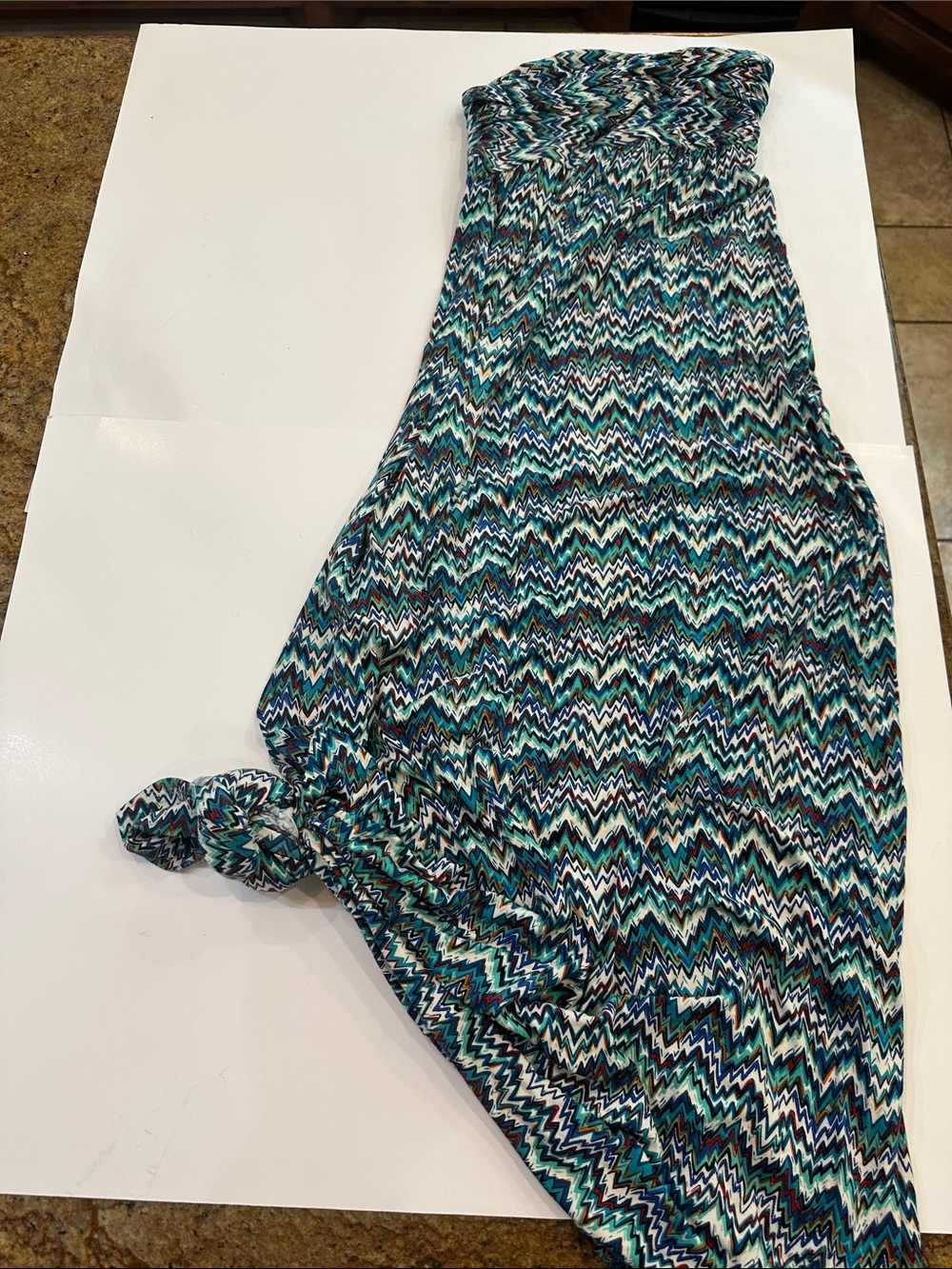 Hourglass Strapless Maxi Dress in Teal, Blue & White Chevron